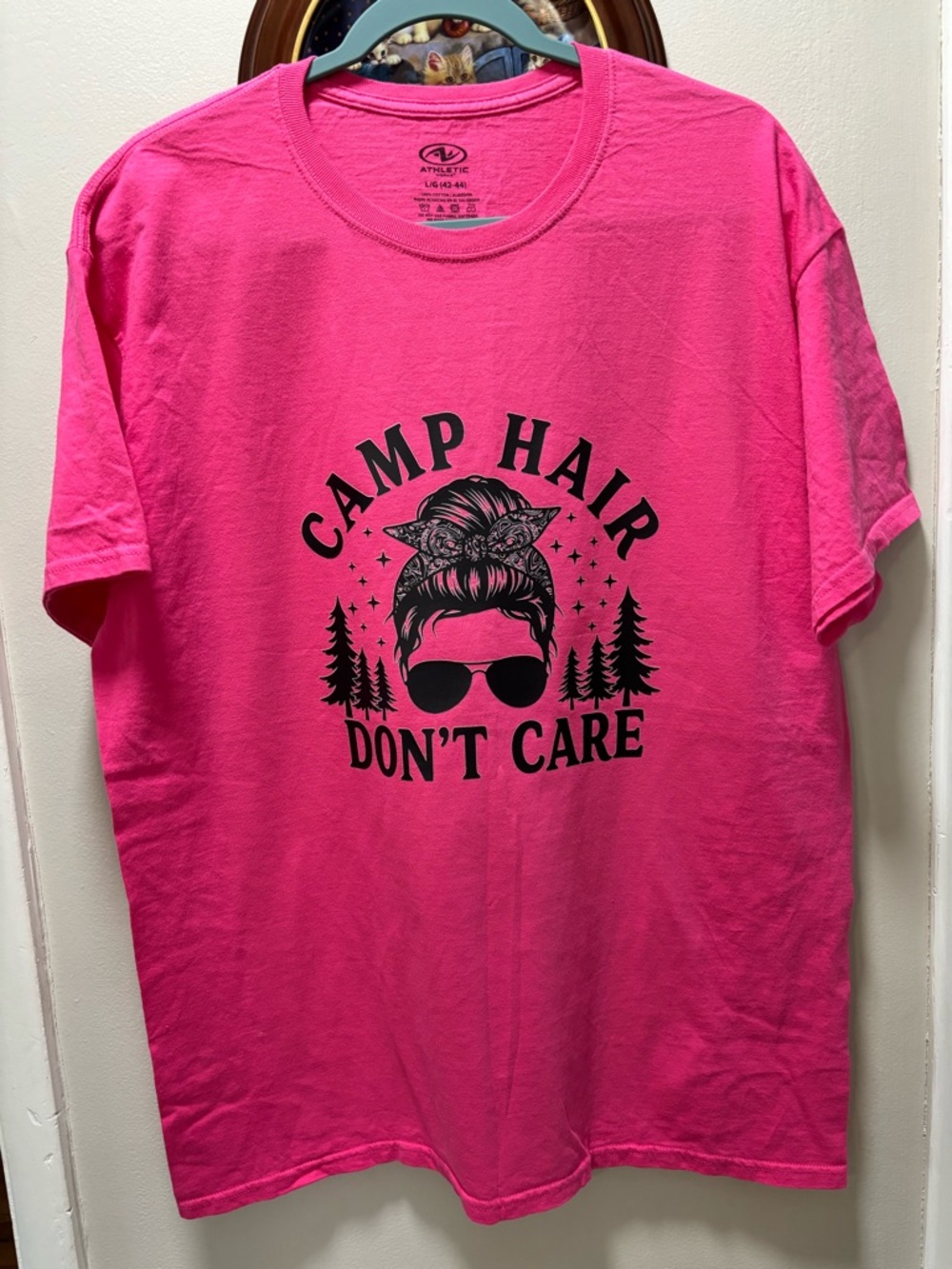T Shirt Hot Pink Crewneck “Camp Hair Dint Care” LG 42-44 Handmade Woman’s